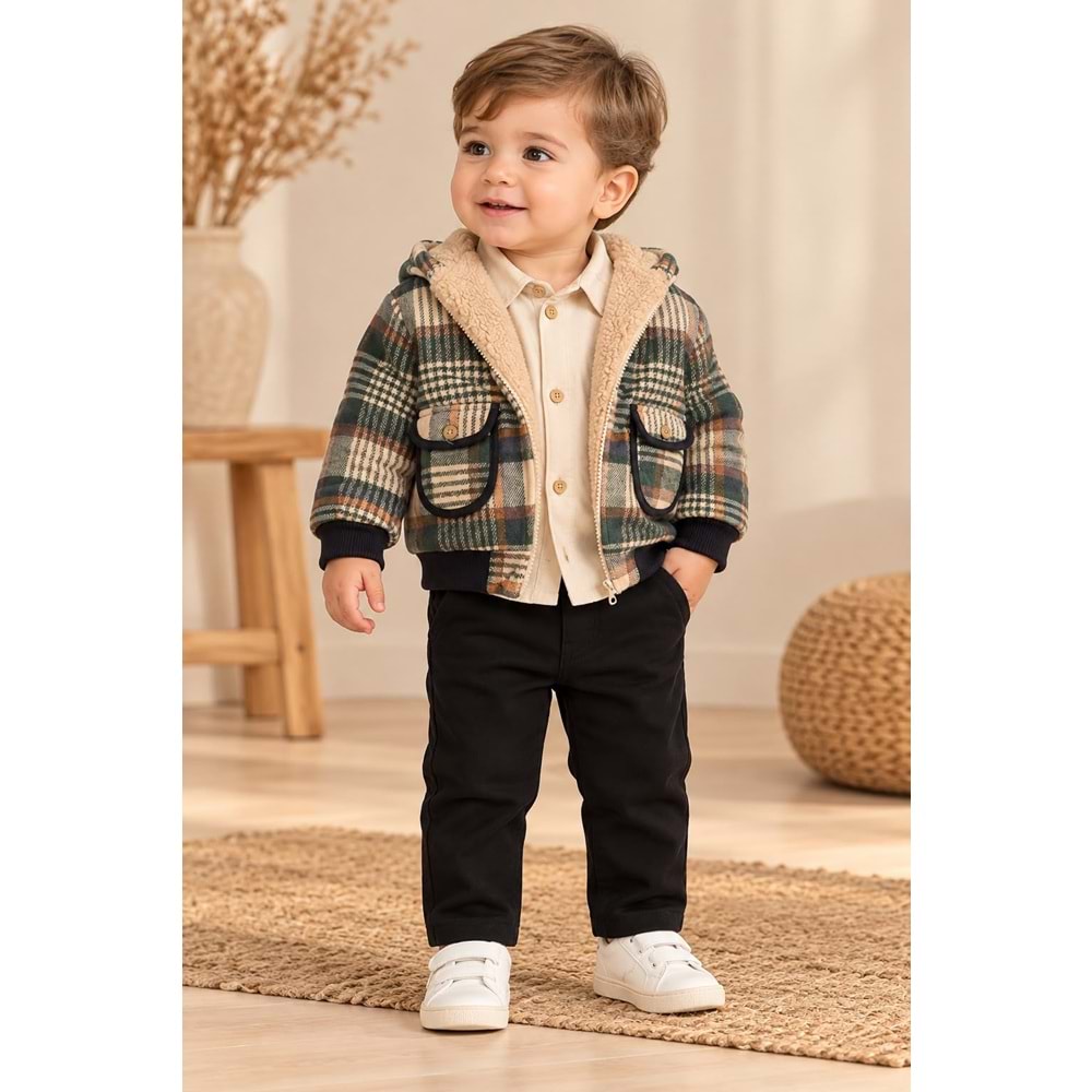 Hippıl Kadife Ekose Desenli Montlu Erkek Üçlü Takım 1-4 Yaş -BAY9106865 - LACİVERT