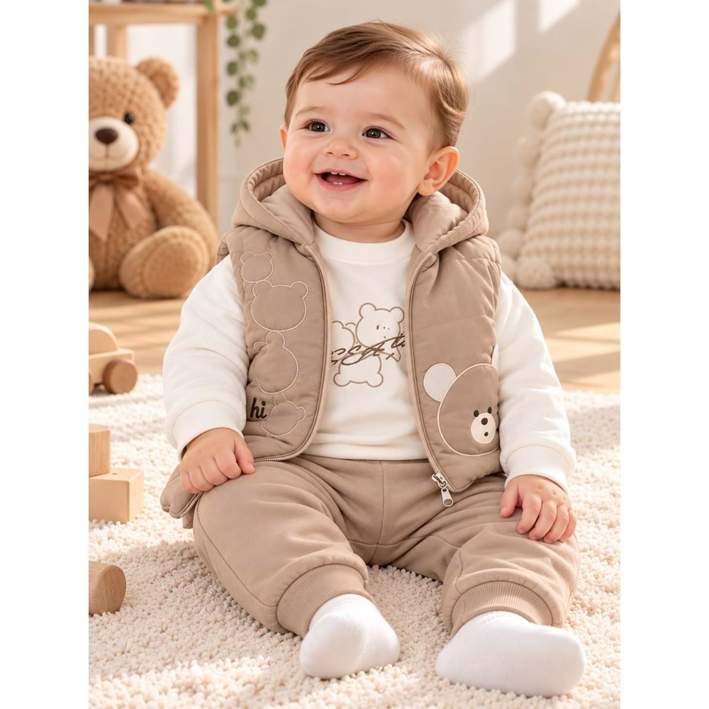 Baby Hi Erkek Ayı Desenli Erkek Üçlü Takım 6-18 Aylık -DÜ919450 - AÇIK KAHVE