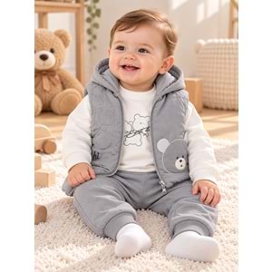 Baby Hi Erkek Ayı Desenli Erkek Üçlü Takım 6-18 Aylık -DÜ919450 - GRİ