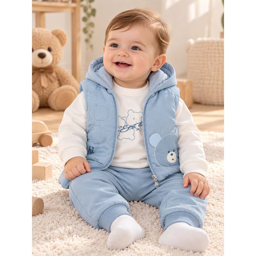 Baby Hi Erkek Ayı Desenli Erkek Üçlü Takım 6-18 Aylık -DÜ919450 - MAVİ