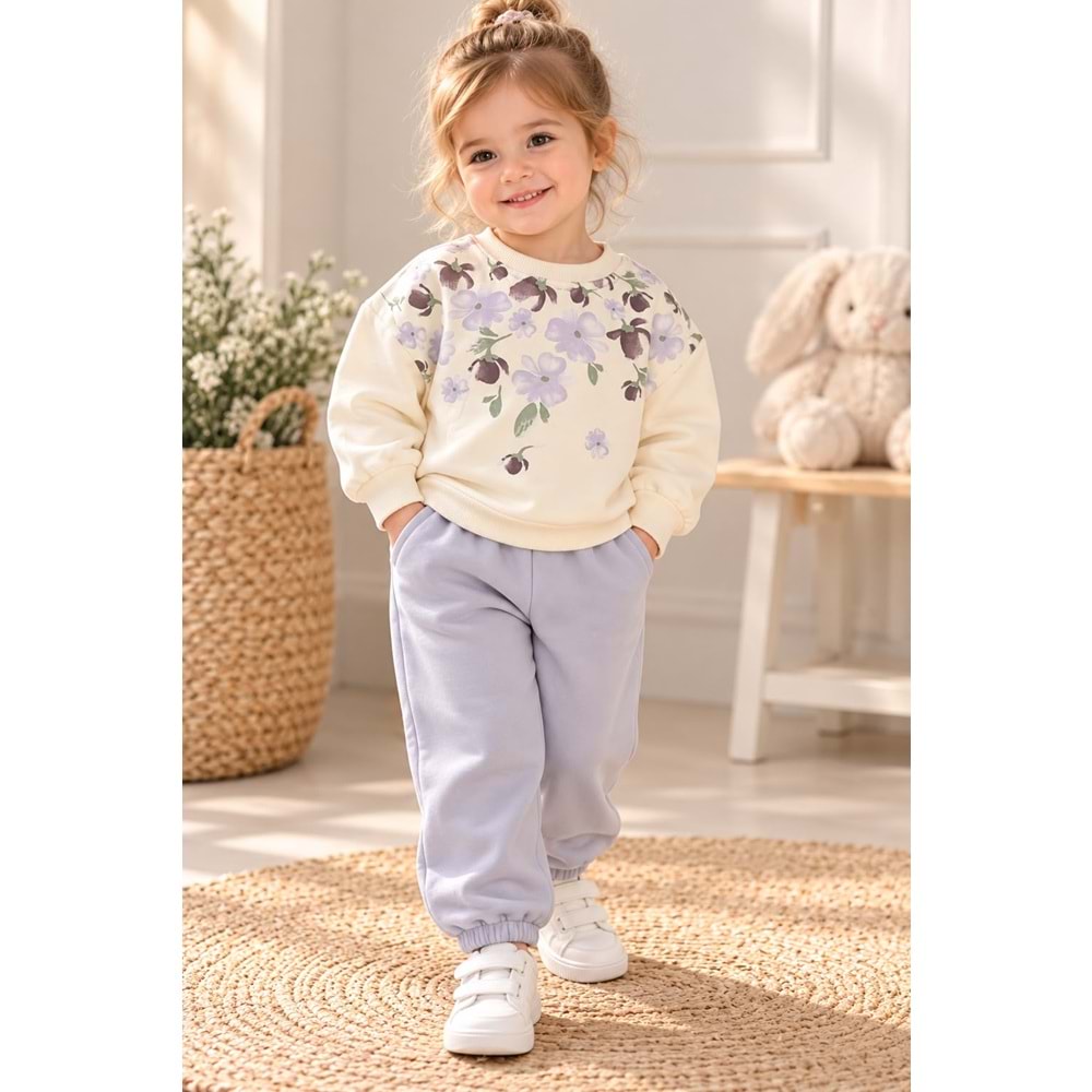 Wow Kids Papatya Çiçek Nakışlı Kız Üç İplik İkili Takım 1-4 Yaş -KAY11215240 - LİLA