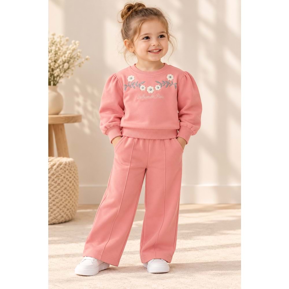 Wow Kids Çiçek Baskılı Kız Üç İplik Şardonlu İkili Takım 1-4 Yaş -KAY11174220 - PEMBE