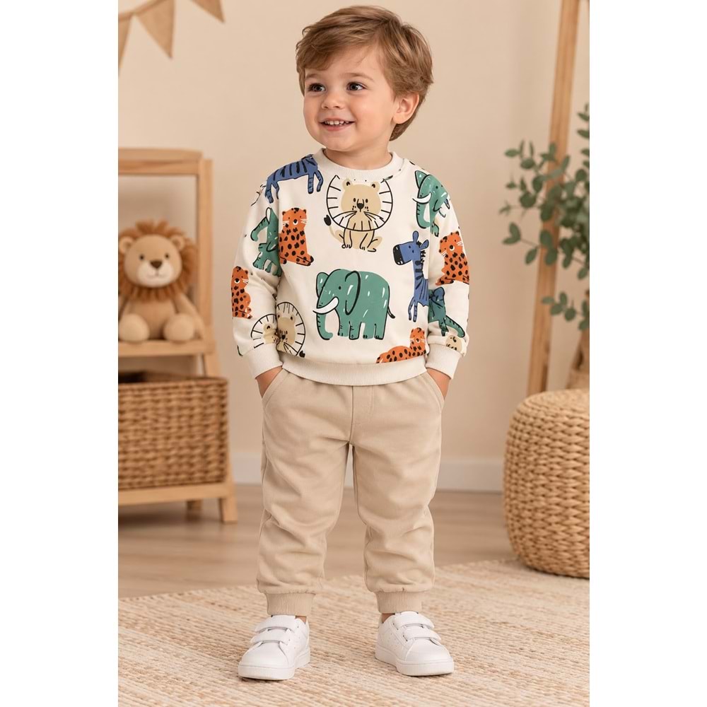 Wow Kids Hayvanlar Baskılı Erkek Üç İplik Şardonlu İkili Takım 1-4 Yaş -KAY11136212 - BEJ