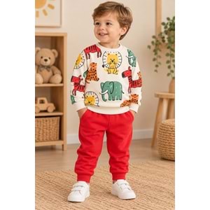Wow Kids Hayvanlar Baskılı Erkek Üç İplik Şardonlu İkili Takım 1-4 Yaş -KAY11136212 - KIRMIZI