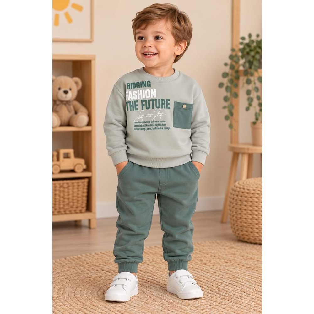Wow Kids Future Baskılı Cepli Düğmeli Erkek Üç İplik İkili Takım 1-4 Yaş -KAY11124230 - SU YEŞİLİ