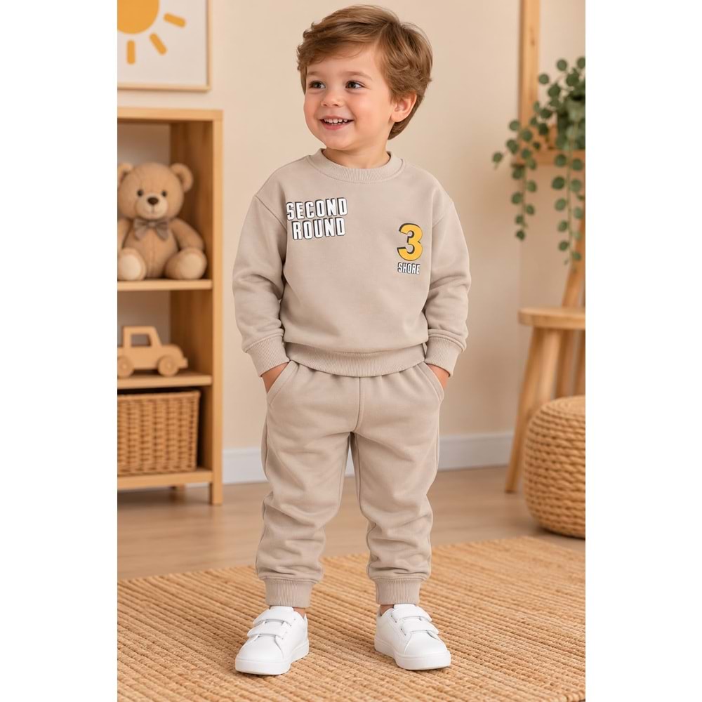 Wow Kids Second Baskılı Erkek Üç İplik Şardonlu İkili Takım 1-4 Yaş -KAY11176230 - BEJ
