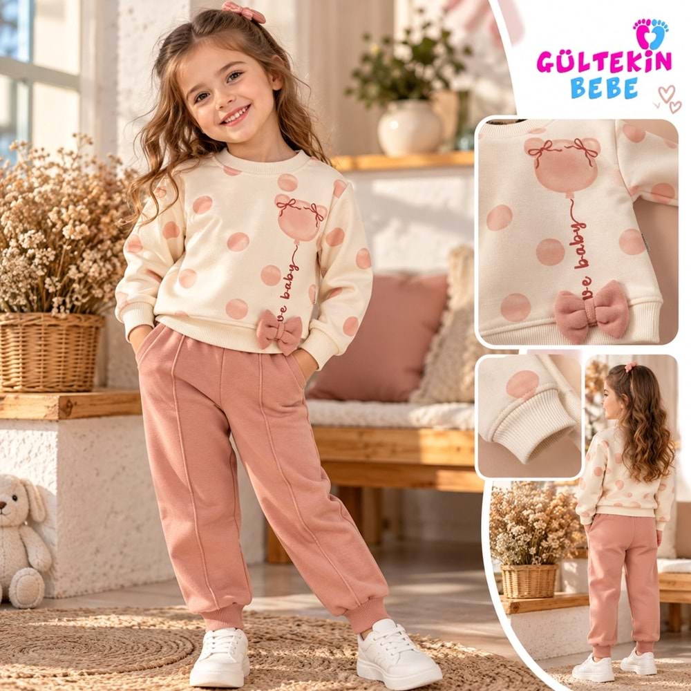 Mina Mino Üç İplik Şardonlu Kendinden Desenli Kız İkili Takım 9-24 Aylık -BAY26-440315 - PEMBE